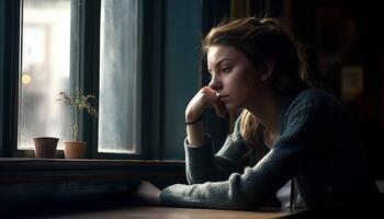 einer jung Frau Sitzung beim Tisch, suchen Weg mit Traurigkeit generiert durch ai foto