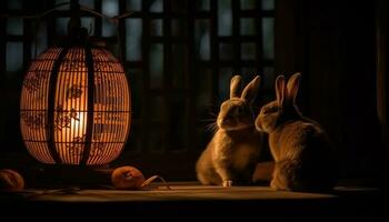 süß Hase Sitzung auf Holz Tisch, beleuchtet durch Laterne Licht generiert durch ai foto