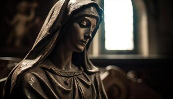 gotisch Altar Dekoration mit Bibel und Statue von beten Frau generiert durch ai foto