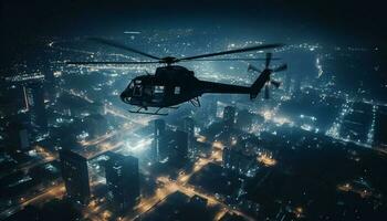 glühend Hubschrauber schwebt Mitte Luft Über Stadt Wolkenkratzer beim Dämmerung generiert durch ai foto