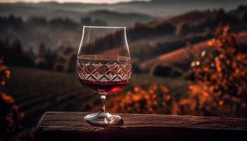 Weinglas auf Holz Tisch, draußen, Sonnenuntergang, Betrachtung, Entspannung, Luxus generiert durch ai foto