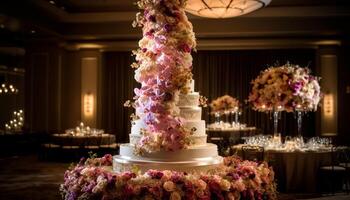 Hochzeit Feier mit elegant Dekoration, Gourmet Essen, und Schokolade Kuchen generiert durch ai foto