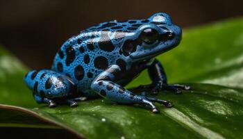 klein vergiften Pfeil Frosch Sitzung auf nass Blatt, suchen Weg generiert durch ai foto