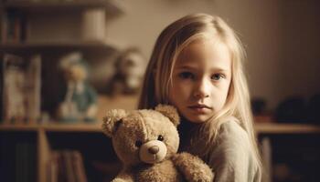 süß kaukasisch Mädchen spielen mit Teddy Bär im Zuhause Schlafzimmer generiert durch ai foto