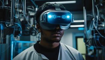 jung Erwachsene Ingenieur mit virtuell Wirklichkeit Simulator im futuristisch Fabrik generiert durch ai foto