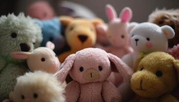 süß flauschige Spielzeug Tiere bringen Freude zu jung Kinder Kindheit generiert durch ai foto