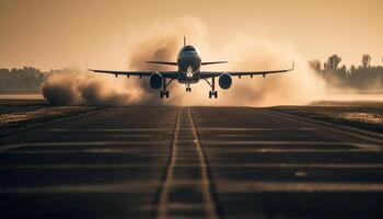 kommerziell Flugzeug nehmen aus beim Sonnenuntergang, ein Modus von Transport generiert durch ai foto