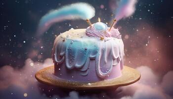 Süss Feier mit Gourmet Schokolade Kuchen, Süßigkeiten Dekoration, und Kerzen generiert durch ai foto