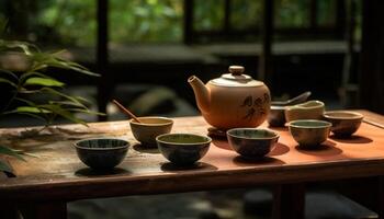 japanisch Teekanne und Tassen auf hölzern Tabelle mit Bambus Pflanze generiert durch ai foto
