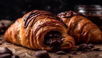 hausgemacht Französisch Croissant, ausgestopft mit Schokolade und Butter, nachsichtig Erfrischung generiert durch ai foto