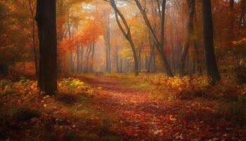 beschwingt Herbst Wald, mysteriös Nebel, still Fußweg, gespenstisch Wildnis Szene generiert durch ai foto