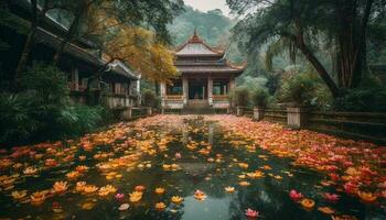 Buddhist Pagode oben auf Berg, umgeben durch bunt Herbst Laub generiert durch ai foto