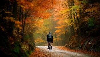 einer Person Radfahren durch beschwingt Herbst Wald auf Land Straße generiert durch ai foto