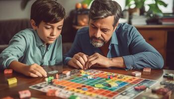 Vater und Sohn spielen Tafel Spiel, Familie Zusammengehörigkeit und Kreativität generiert durch ai foto