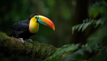 Tukan sich niederlassen auf Zweig, beschwingt Farben im tropisch Regenwald generiert durch ai foto