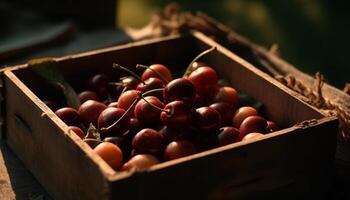 organisch Obst Kiste, voll von reif, saftig Beeren zum gesund Essen generiert durch ai foto