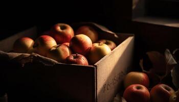 organisch Apfel Kiste auf hölzern Tisch, ein gesund Herbst Snack generiert durch ai foto