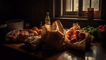 frisch organisch Früchte und Gemüse im rustikal hölzern Korb auf Tabelle generiert durch ai foto