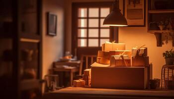 Geschenk Box beleuchtet mit modern Beleuchtung, rustikal Holz Dekor Innerhalb generiert durch ai foto