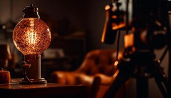 rustikal Kaffee Geschäft Tabelle beleuchtet durch elektrisch Lampe und Laterne generiert durch ai foto