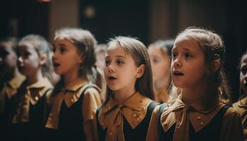 ein Gruppe von heiter Schule Kinder im Uniform lächelnd glücklich generiert durch ai foto