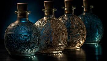 Antiquität Whiskey Flasche auf hölzern Tisch, elegant Dekoration zum Feier generiert durch ai foto