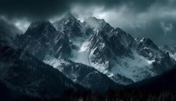 majestätisch Berg Bereich, still Wiese, dramatisch Himmel, heiter Kiefer Baum generiert durch ai foto