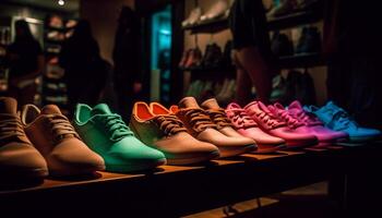 groß multi farbig Schuh Sammlung auf Anzeige im modern Boutique Geschäft generiert durch ai foto