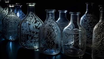 transparent Glas Vase mit Blau Flüssigkeit und elegant Wein Flasche generiert durch ai foto