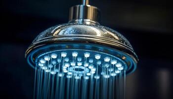 erfrischend Blau Flüssigkeit fließend von modern Chrom Wasserhahn im Dusche generiert durch ai foto