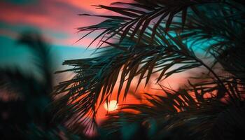 still Dämmerung, Palme Baum Silhouetten gegen beschwingt Orange Sonnenuntergang generiert durch ai foto