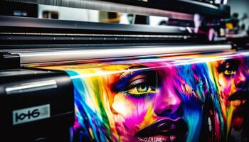 jung Erwachsene Frau im futuristisch Nachtclub, umgeben durch beschwingt Farben generiert durch ai foto