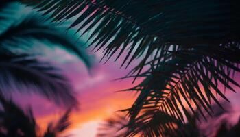 Silhouette von Palme Baum gegen multi farbig Sonnenuntergang Himmel, idyllisch Ferien generiert durch ai foto