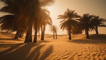 tropisch Palme Bäume schwanken im Sonnenuntergang, idyllisch Schönheit im Natur generiert durch ai foto