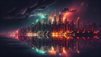 Stadt Horizont beim Nacht Wolkenkratzer modern beleuchtet reflektierend Wasser generiert durch ai foto