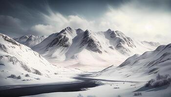 schneebedeckt Berg Gipfel steht hoch Über still Landschaft generiert durch ai foto