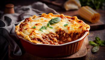 frisch gebacken Lasagne auf rustikal hölzern Tabelle generiert durch ai foto