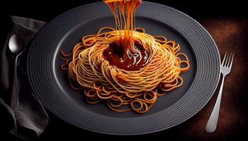 frisch Pasta Mahlzeiten auf Platten mit Gabeln generiert durch ai foto