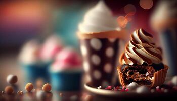 Süss Feier Gourmet Cupcake auf Rosa Teller generiert durch ai foto
