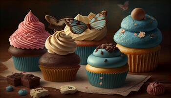 köstlich Cupcakes mit Schokolade Glasur auf Holz Hintergrund generiert durch ai foto