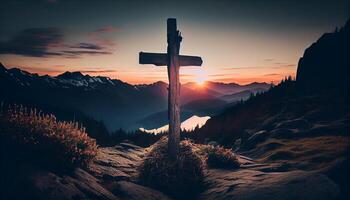 Christentum und Natur Vereinen im atemberaubend Berg Landschaft ,generativ ai foto