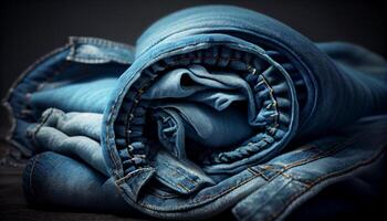 Denim Kleidung Mode Stapel von gefaltet Jeans ,generativ ai foto