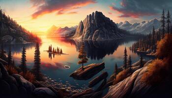 Natur Schönheit im Landschaft Berg und Sonnenuntergang ,generativ ai foto