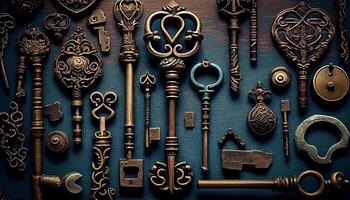 Antiquität Schlüssel auf aufwendig Hintergrund elegant Metall Dekoration ,generativ ai foto