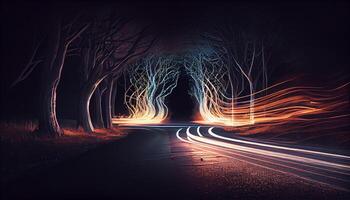 Nachtzeit der Verkehr Geschwindigkeiten durch ein glühend Wald Tunnel ,generativ ai foto