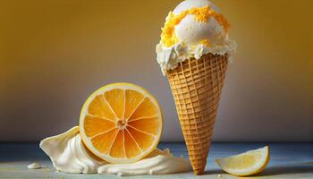 frisch geschöpft Zitrone Eis Sahne auf Waffel Kegel ,generativ ai foto