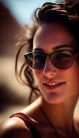 einer schön kaukasisch Frau im Sonnenbrille lächelnd ,generativ ai foto
