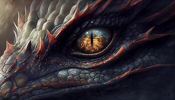 Auge von mythologisch Drachen auf Feuer ,generativ ai foto