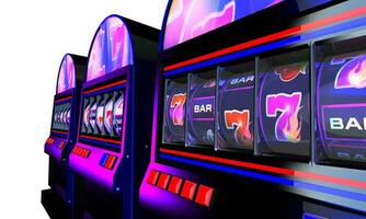 Kasino fünf Rollen Slot Maschinen 3d Konzept. foto