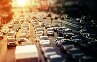 Autobahn der Verkehr beim Sonnenuntergang foto